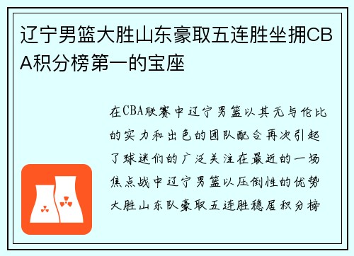 辽宁男篮大胜山东豪取五连胜坐拥CBA积分榜第一的宝座
