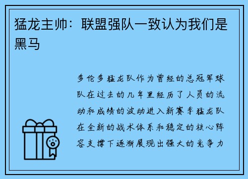 猛龙主帅：联盟强队一致认为我们是黑马