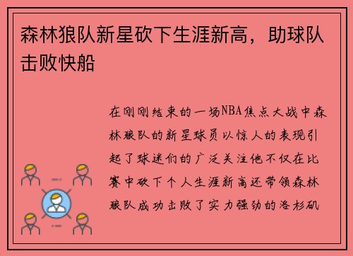 森林狼队新星砍下生涯新高，助球队击败快船