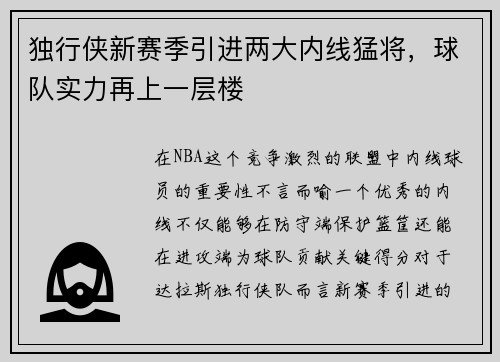 独行侠新赛季引进两大内线猛将，球队实力再上一层楼