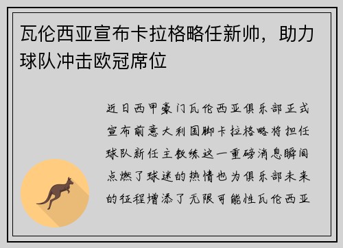 瓦伦西亚宣布卡拉格略任新帅，助力球队冲击欧冠席位
