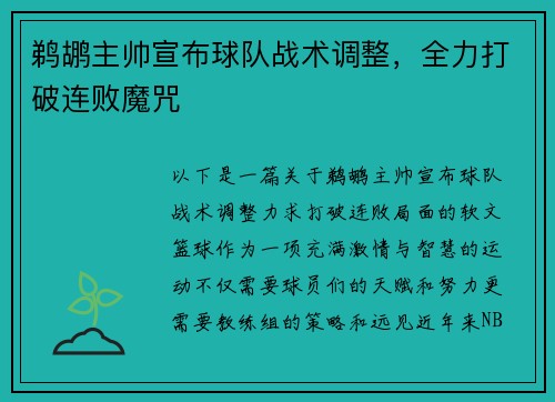鹈鹕主帅宣布球队战术调整，全力打破连败魔咒