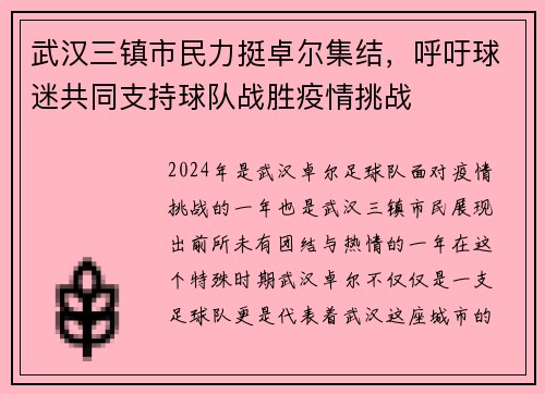 武汉三镇市民力挺卓尔集结，呼吁球迷共同支持球队战胜疫情挑战