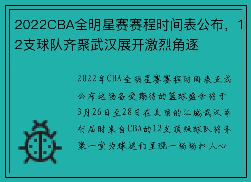 2022CBA全明星赛赛程时间表公布，12支球队齐聚武汉展开激烈角逐